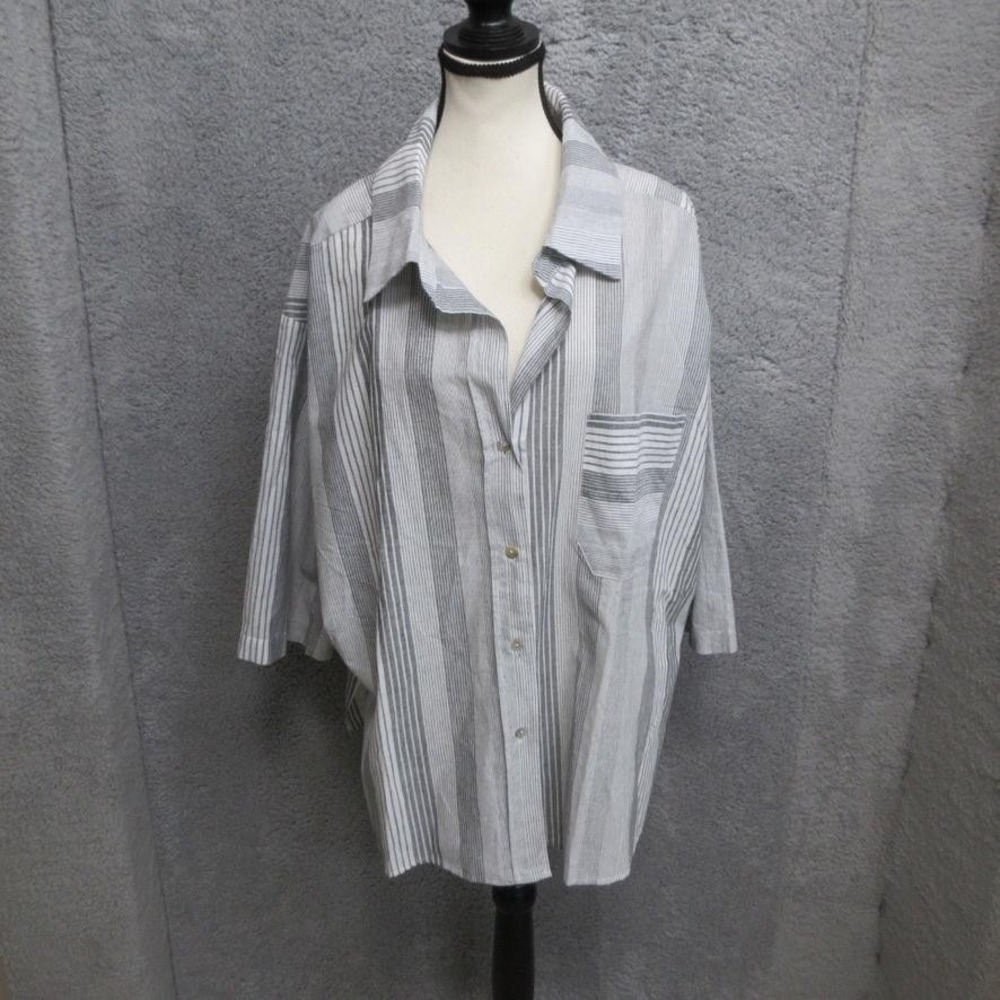 Mainstrip Striped Shirt Womens‎ L Gray 100% Cotton Button Front Oversized Top